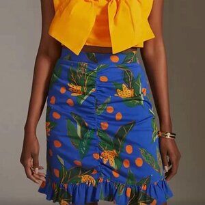 Farm Rio for Anthropologie Ruched Tropical Skirt - Small Blue Orange